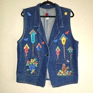Vtg Sun Belt Denim Collared Hand Painted Women's  L Made in USA One Button